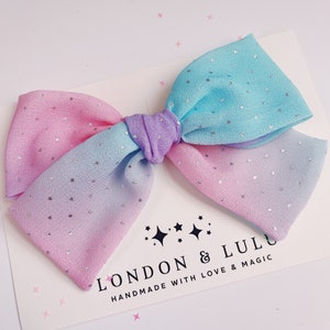Pastel chiffon oversized floppy bow rainbow pink purple aqua holo silver dots xl large bow clip kawaii birthday