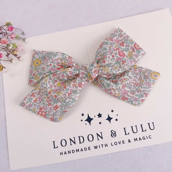 Liberty of London Katie & Millie B bow girls hair clip baby nylon headband toddler pigtails accessories dainty floral flowers mint pink