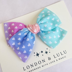 Pastel rainbow hearts ombré hair bows girls clip toddler pigtails baby nylon headband kawaii print white