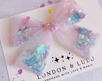 Pink Mermaid Tulle shaker mouse magic bow sprinkles park hair bow for kids kawaii Ariel under sea pastel rainbow shells holo
