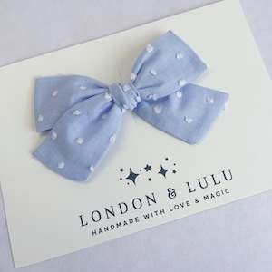 Blue + white Swiss dots hair bow girls clip toddler pigtails or baby nylon headband kids vintage clip dots