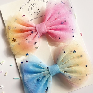 Pastel rainbow tulle bow pigtails stars and moons girls kids toddlers hair clips rainbow party birthday bow kawaii