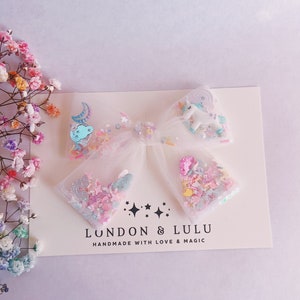 Unicorn pastel clouds Tulle shaker magic bow sprinkles park hair bow for kids kawaii pony rainbow  birthday sky ponies stars hearts pigtails