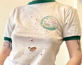 Vintage 1960s Boy Scouts Idaho Jamboree Distressed Ringer T Shirt | small
