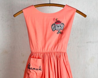 Vintage 1950s Childrens Elephant Embroidered Flared Dress