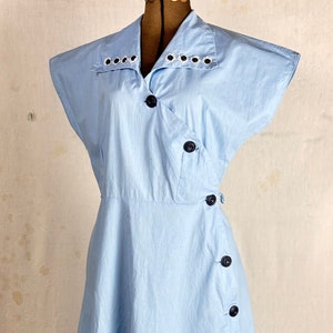 Vintage 1940s 50s Asymmetrical Side Button Pique Day Dress Portrait Frocks