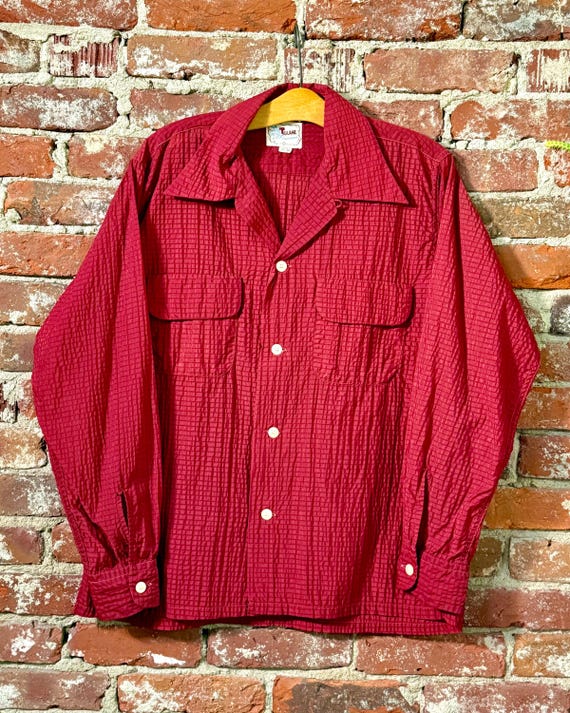 Vintage 1950s Sheer Nylon Seersucker Loop Collar Shirt Maroon Guymont | medium