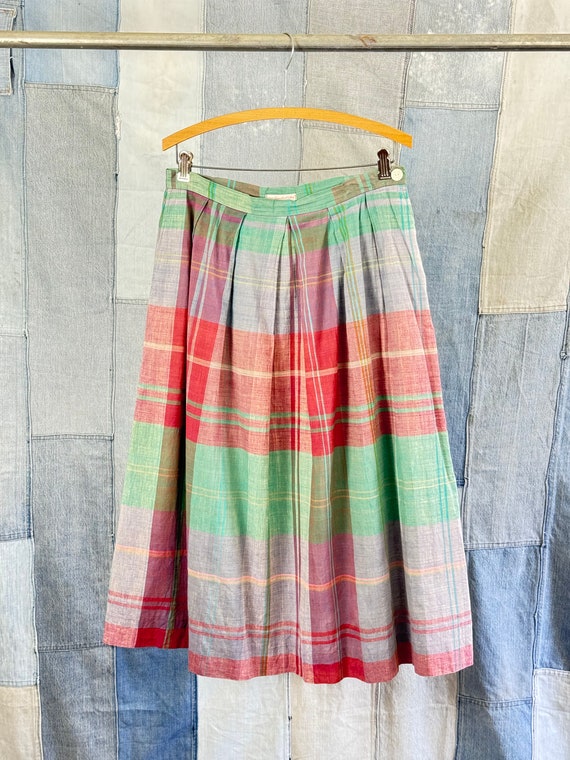Vintage 1960s 70s Madras Plaid Cotton Midi Skirt A