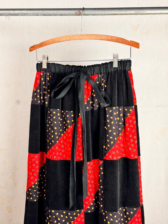 Vintage 1960s 70s Velour Patchwork Quilted Maxi Skirt