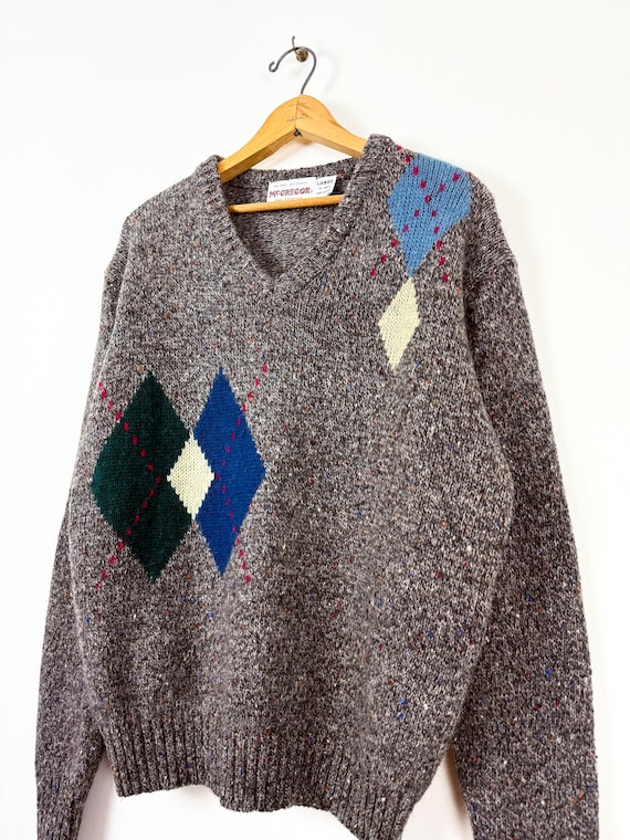 Vintage 1980s Argyle Donegal Wool Knit V Neck Sweater | large