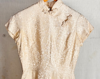 Vintage 1950s Hawaiian Satin Brocade Cheongsam Dress