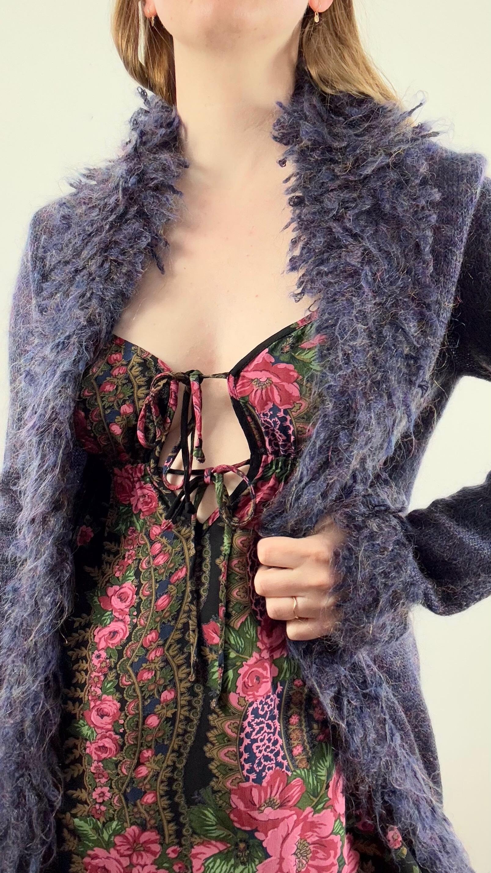 Y2K 00s Top Sheer Silk Blouse Floral Abstract Checker Print