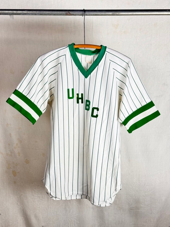 Vintage 1960s 70s Green Stripe Polyester Baseball Jersey V Neck T Shirt