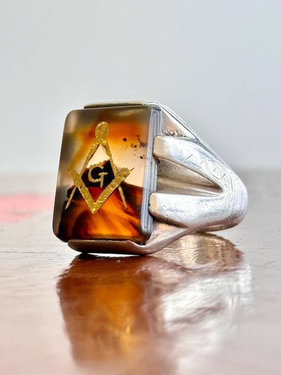 Vintage 1950s Masonic Gold Inlay Agate Sterling Silver Mens Statement Ring | size 8 3/4