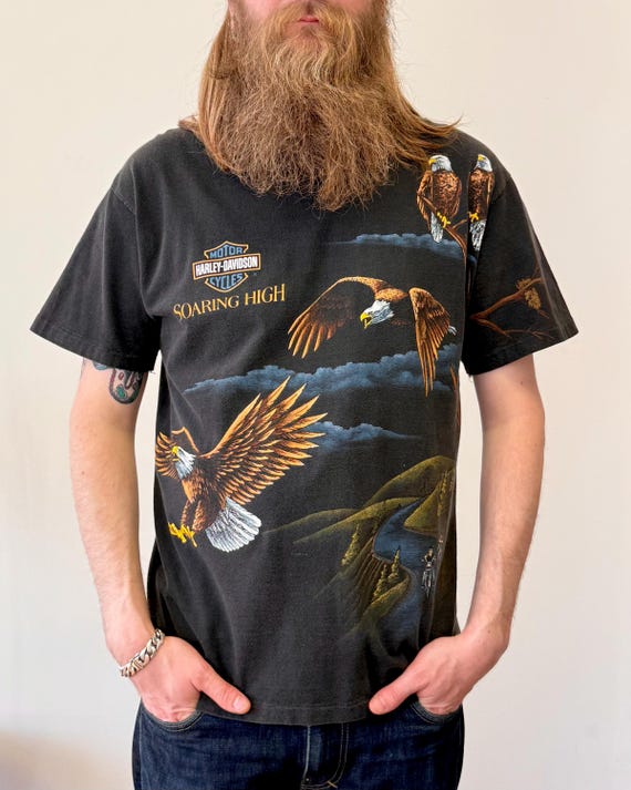 Vintage 90s Harley Davidson Souring High All Over Print Graphic T Shirt | large