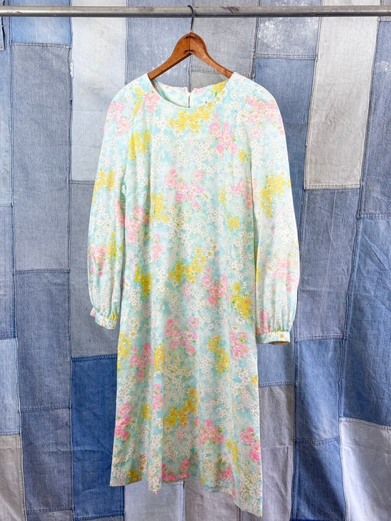 1960s Floral Chiffon Long Sleeve Shift Dress - image 2