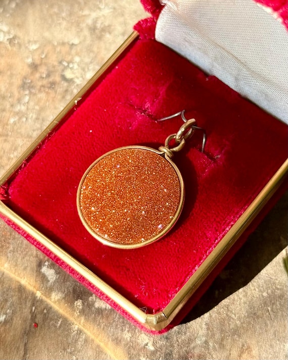 Antique Victorian Goldstone Copper Glass Disc Bezel Watch Fob Pendant