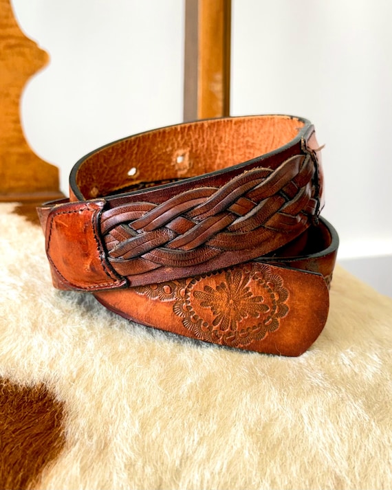 Vintage 1980s Braided Embossed Leather Belt No Buckle Leegin | 34