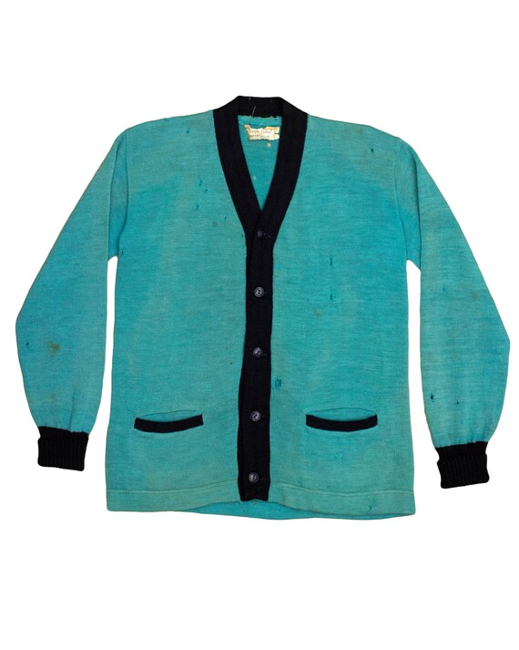 Teal - 1930s 40s Distressed Wool Varsity Cardigan