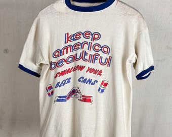 Vintage 1970s Beer Can Environmentalist Graphic Paper Thin Ringer T Shirt