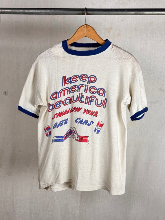 Vintage 1970s Beer Can Environmentalist Graphic Paper Thin Ringer T Shirt