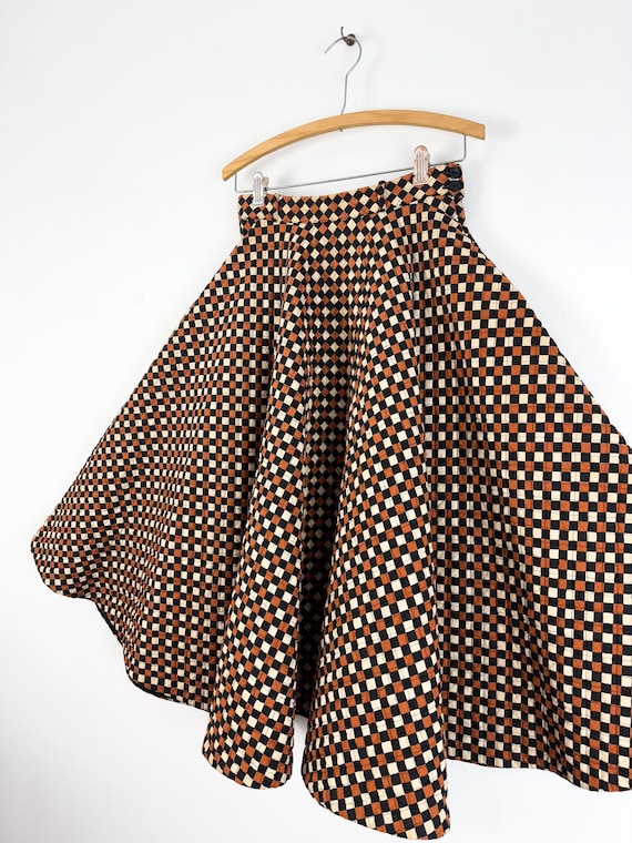 Vintage 1950s Checker Print Quilted Cotton Circle Skirt | xsmall small