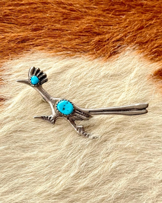 Vintage Roadrunner Sterling Silver Turquoise Native American Pin Brooch