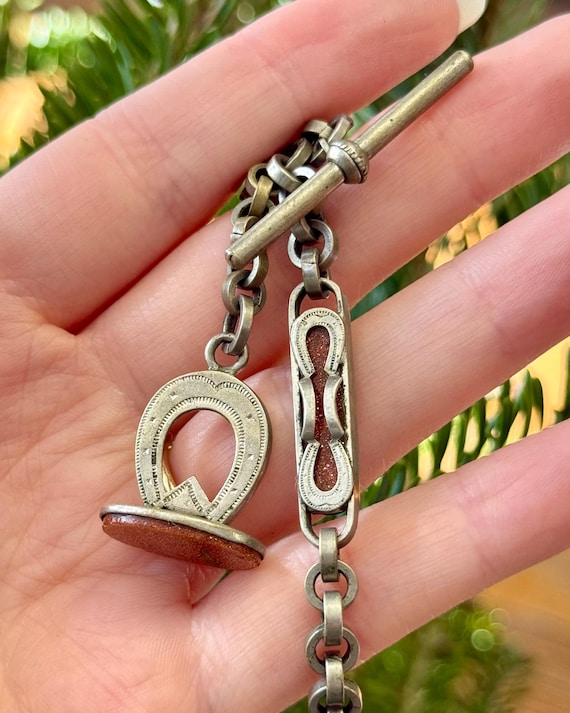 Antique Lucky Horseshoe Goldstone Fob German Silver Euro Watch Chain Jewelry