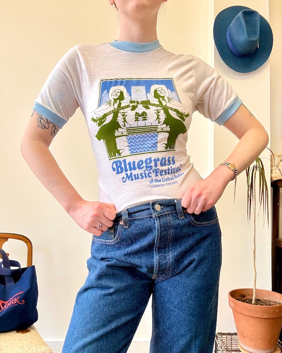 Vintage 1970s Bluegrass Music Festival Graphic Ringer T Shirt | xsmall small