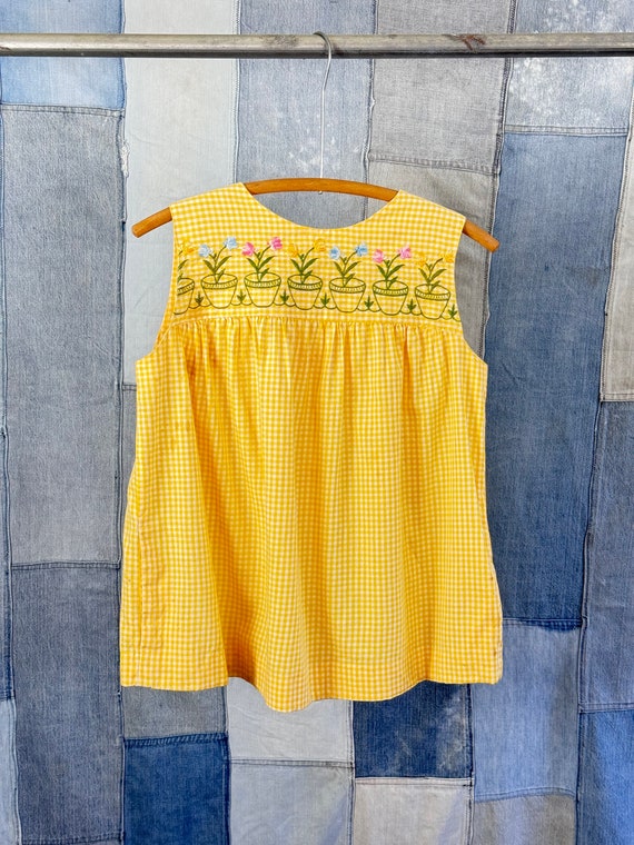 Vintage 1950s 60s Embroidered Gingham Smock Top