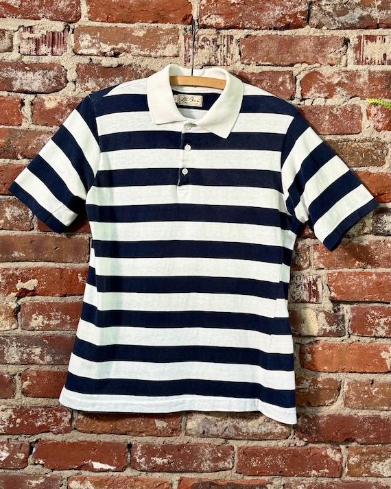 Vintage 1970s LL Bean Navy Stripe Polo T Shirt | medium