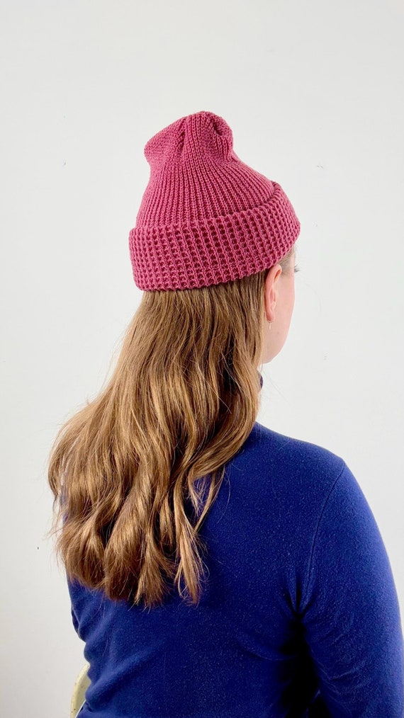 Vintage 1970s Waffle Knit Cap made in USA | mauve pink