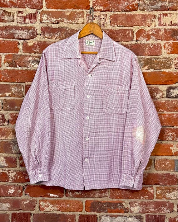 Vintage 1950s Distressed Houndstooth Loop Collar Shirt Guymont | mens medium