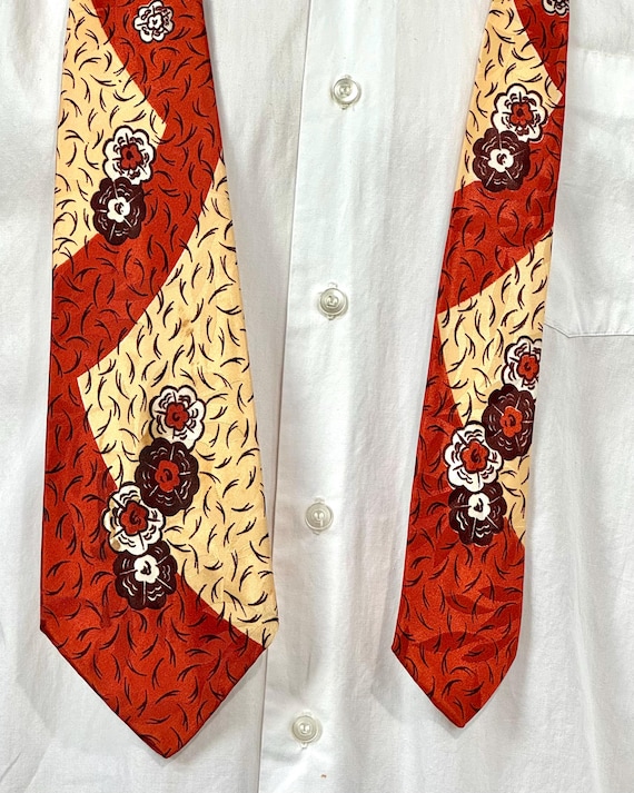 Vintage 1940s Sepia Floral Deco Satin Rayon Brocade Printed Necktie