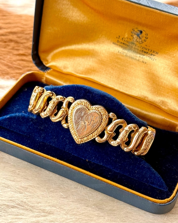 Vintage 1940s Sweetheart Expansion Bracelet Gold Plate American Queen  | C E S Monogram