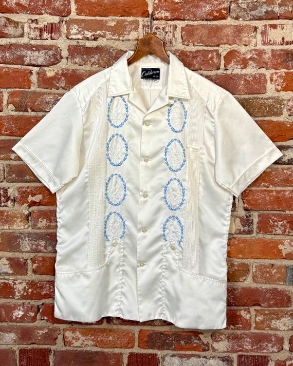 Vintage 1960s Satin Floral Deer Embroidered Guayabera Shirt | medium