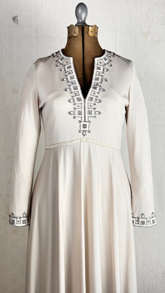 Vintage 1970s Beaded Fine Knit Empire Waist Gown Dress