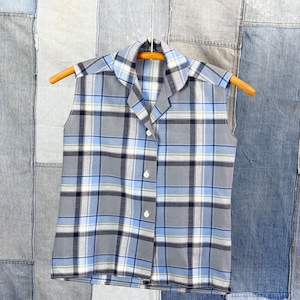 Vintage 1950s 60s Girls Plaid Sleeveless Shirt Blouse