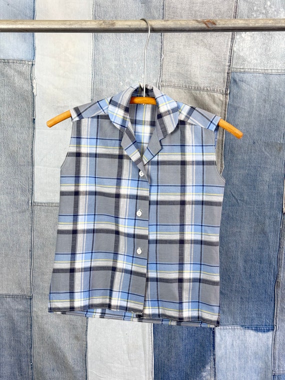 Vintage 1950s 60s Girls Plaid Sleeveless Shirt Blouse