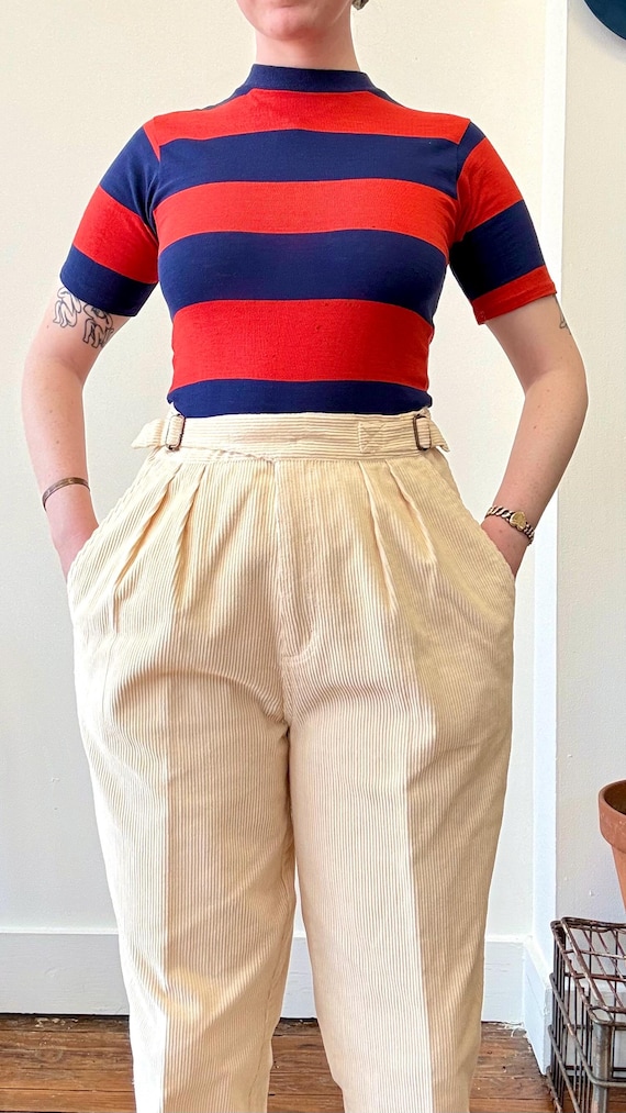 Vintage 1980s Gurkha Trouser Cream Plush Corduroy Pants  | adjustable sm med