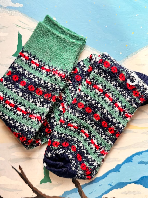 Vintage 1980s Fair Isle Knee High Socks made in USA | Christmas navy