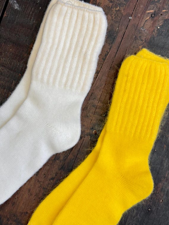 Vintage 1960s Kids Soft Fuzzy Rib Knit Crew Socks 2 Pack | Yellow & White