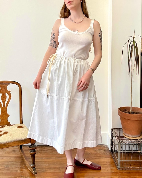 Reworked Antique Drawstring Waist White Cotton Simple Petticoat Skirt | one size