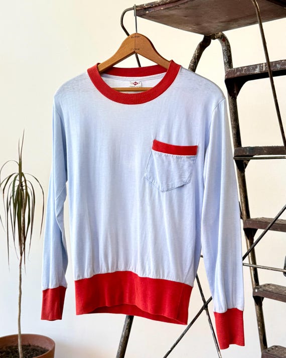 Vintage 1950s Periwinkle Red Long Sleeve Pajama Pocket Tee