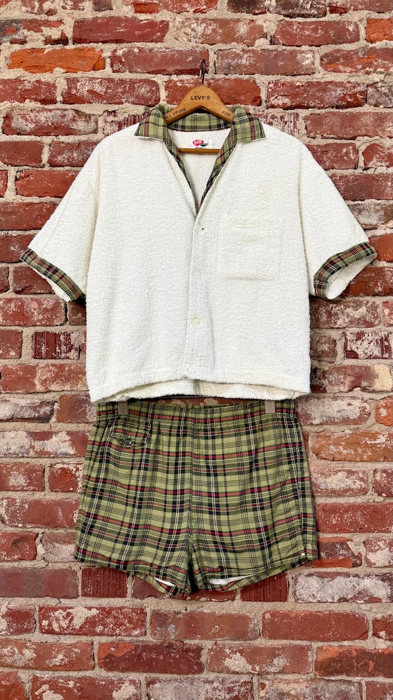Vintage 1960s Terry Cloth Shirt & Plaid Swim Shorts 2pc Set | mens small medium
