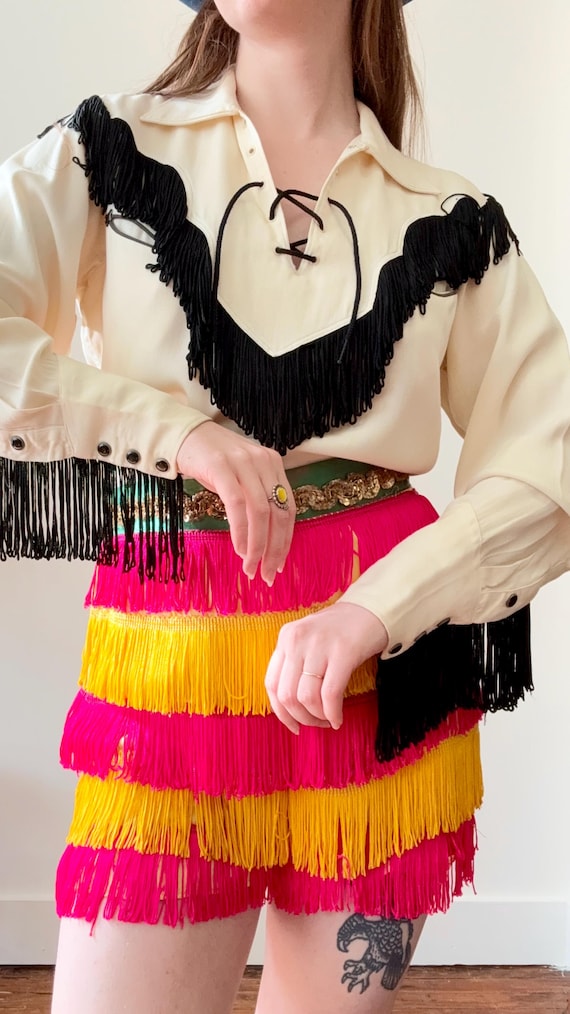 Vintage 1950s H Bar C Fringe Lace Up Gabardine Western Shirt | small