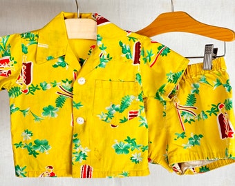 Vintage 1950s Childrens Aliʻi Chief Hawaiian Shirt Shorts Set