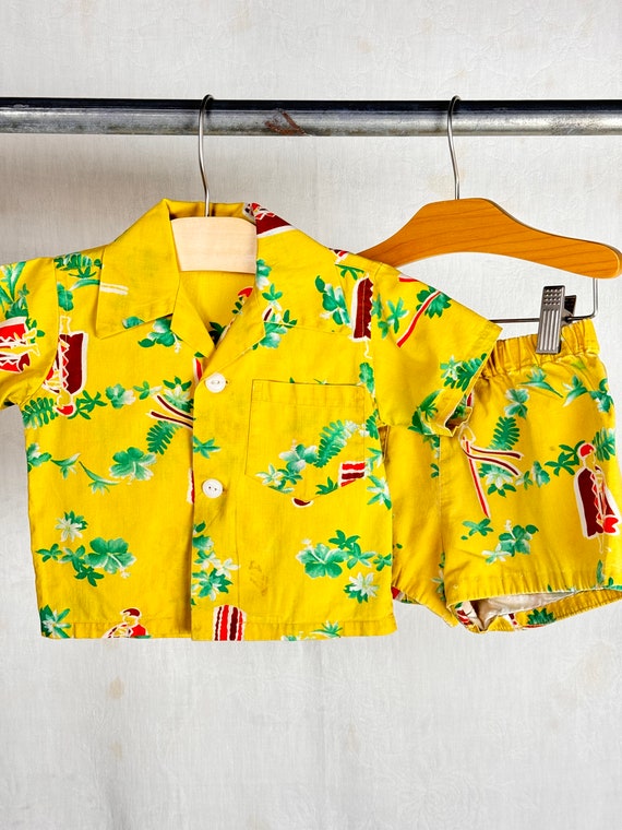 Vintage 1950s Childrens Aliʻi Chief Hawaiian Shirt Shorts Set