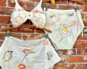 Vintage 1940s Okinawa Souvenir Sweetheart Lingerie Parachute Silk 3pc Set