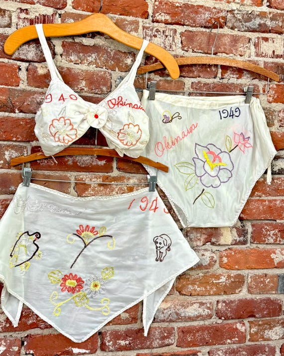 Vintage 1940s Okinawa Souvenir Sweetheart Lingerie Parachute Silk 3pc Set